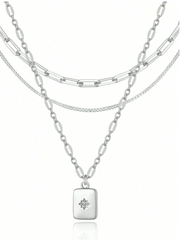 Silver Multi-Layer Pendant Necklace Set