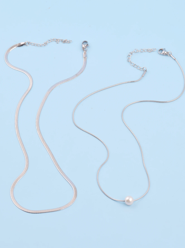 Minimalist Silver Pearl Layered Necklace Set