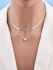 Minimalist Silver Pearl Layered Necklace Set