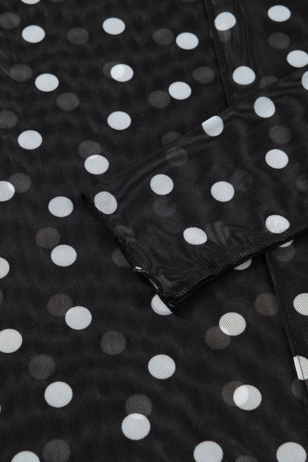 Black Polka Dot Patterned Bodycon Mock Neck Mesh Long Sleeve Top